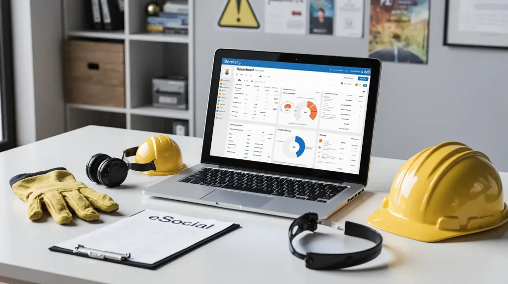 Documentos digitais e equipamentos de segurança representando o envio de dados do eSocial